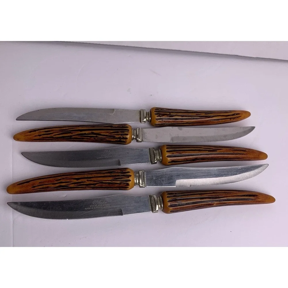 5 Vintage Steak Knives Stainless‎ Steel Blade Sheffield England Faux Antler